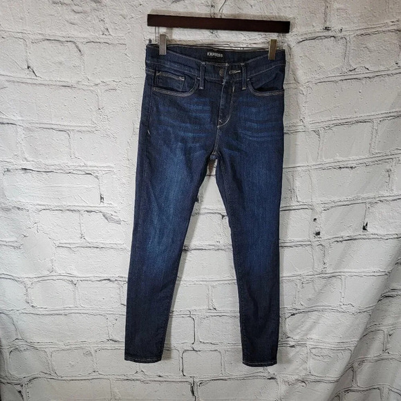 EXPRESS Womens 4 Ankle Legging Mid Rise Jeans Dark Wash Denim No‎ Distressing - Picture 1 of 6